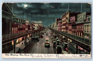 New York City New York Postcard Bowery Night Exterior Building Streetcar c1909