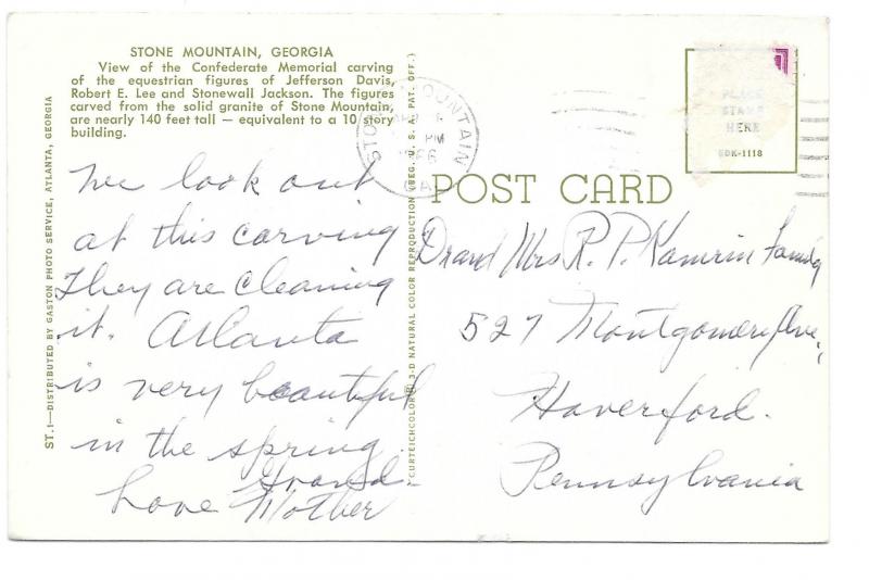 Stone Mountain Georgia Confederate Memorial Carving Vintage Glossy Postcard