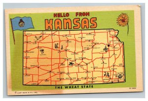 Vintage 1940's Postcard Greetings From Kansas - Giant Map State Flag Flower
