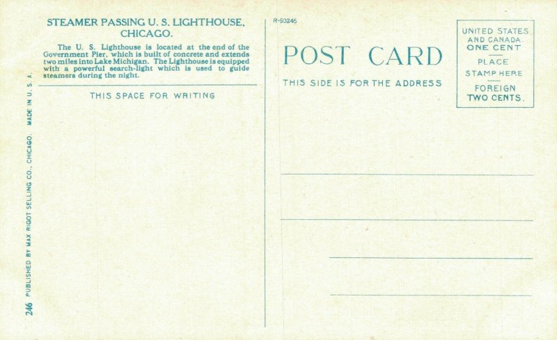 USA Steamer Passing U.S. Lighthouse Chicago Vintage Postcard 07.09