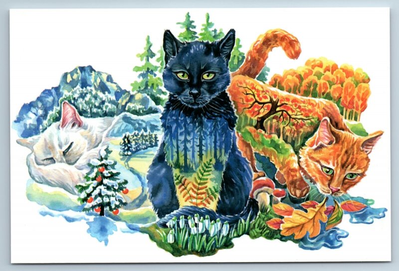 3 CATS of Nature Red White Ginger Autumn Winter Spring Fantasy New Postcard