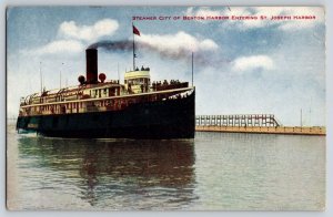 Postcard Steamer City of Benton Harbor entering St Joseph Harbor