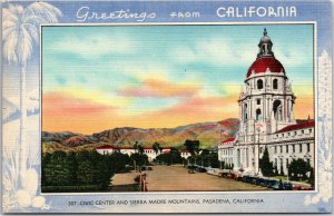 Civic Center and Sierra Madre Mountains Pasadena California Greetings Postcard