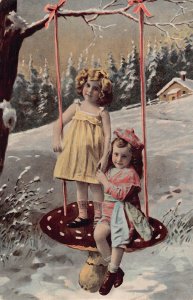 Fantasy Girls Stand on Mushroom Swing Snow Winter Forest vintage postcard B992
