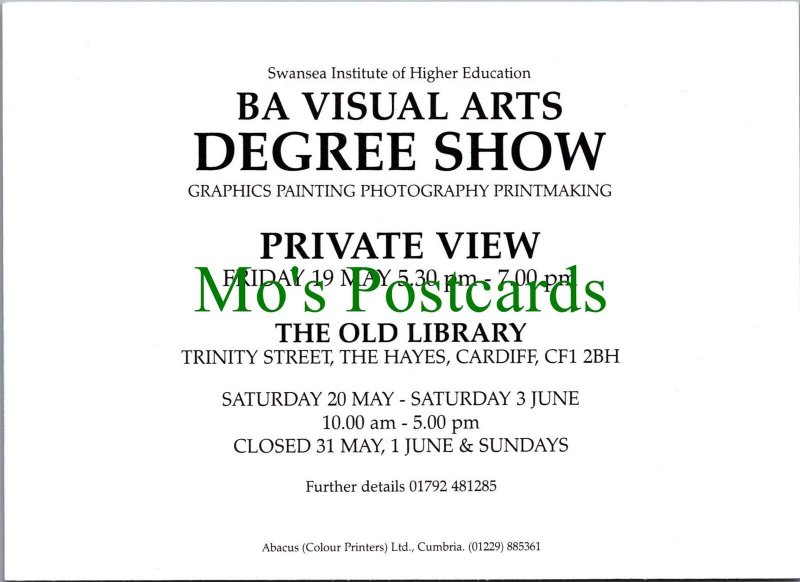 Art Advertising Card - BA Visual Arts Degree Show, Swansea Institute Ref.RR14630