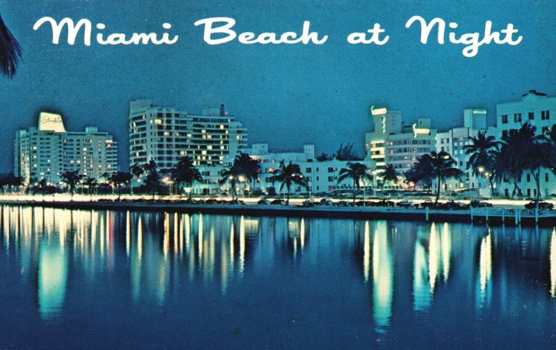 Vintage Postcard Miami Beach at Night Breath-Taking Sight Florida Natural Color