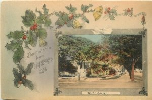 Hand-Colored Christmas Greetings Hanford CA Tenth Street & Holly, Kings County