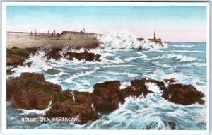 c1920s Porthcawl, Wales Rough Sea Lighthouse Seawall Rocks Waves Splash A360