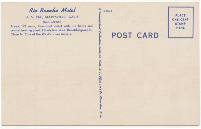 Hotel Rio Rancho Motel Marysville California Linen Postcard c1949