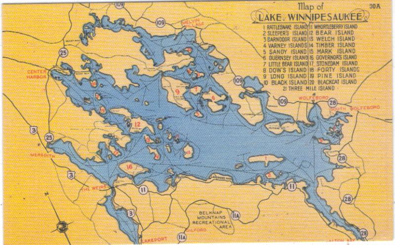 New Hampshire - Lake Winnipesaukee - Map & Island Legend