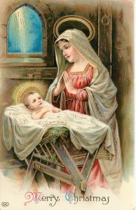 Embossed Gilded Postcard Religious Christmas Baby Jesus & Mary EAS Face Left