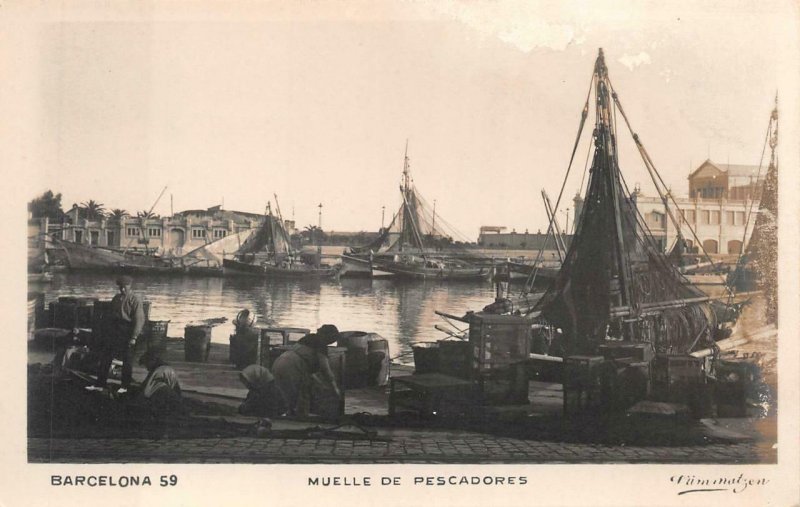 RPPC BARCELONA SPAIN MUELLE DE PESCADORES FISHING SHIPS REAL PHOTO POSTCARD