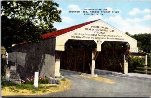 Linen Postcard Old Covered Bridge Tygart River Philippi, West Virginia