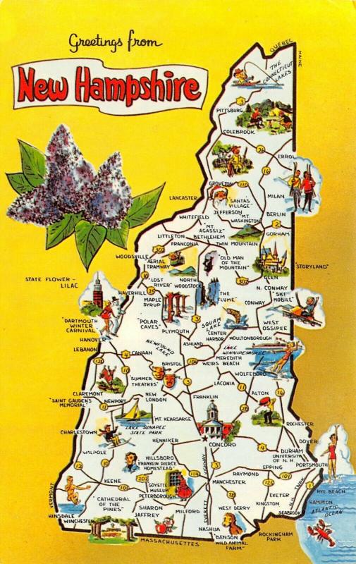 New Hampshire State Highway Map Postcard~Henniker~Epping~Milford~Errol ...