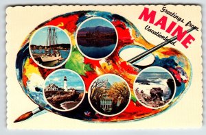 Postcard Greetings From Maine Chrome Paint Pallet Paintbrush Scalloped Edge 1963