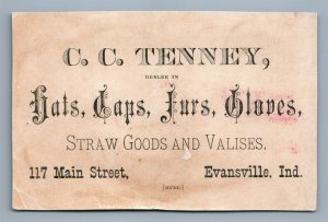 EVANSVILLE IN ANTIQUE VICTORIAN TRADE CARD C.C. TENNEY HATS FURS ADVERTISING