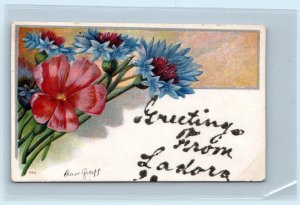 Greetings from LADORA, Iowa IA ~ Embossed IOWA COUNTY Glitter 1910s Postcard