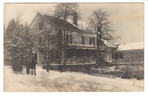 Real Photo, Horse Pulling Sleigh Beside Farm House