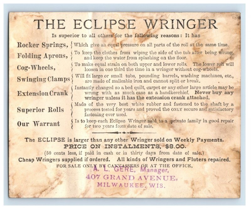 1870s-80s The Eclipse Wringer Bayou Scene Alligator Turtle A.L Gere #V