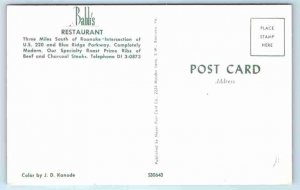 ROANOKE, Virginia VA ~ Roadside BABB'S RESTAURANT 1950s-60s  Postcard