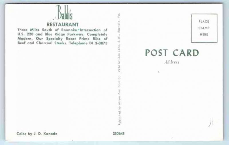 ROANOKE, Virginia VA ~ Roadside BABB'S RESTAURANT 1950s-60s  Postcard