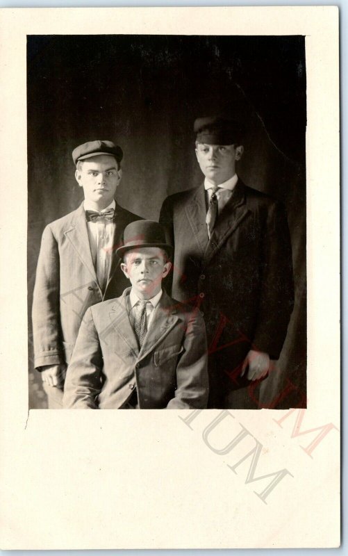 c1910s Handsome Young Men RPPC Classy Different Hats Real Photo Bowler Boy A159