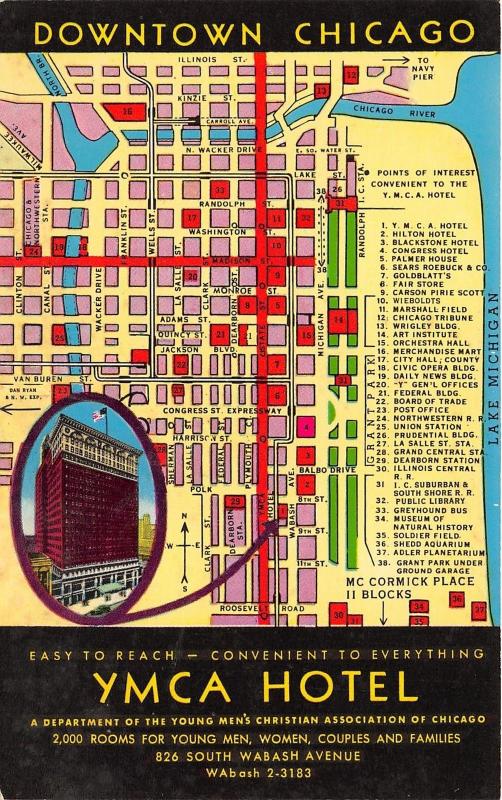 Chicago Illinois~YMCA Hotel @ 826 S Wabash Avenue~Map of Downtown Chicago~1960s