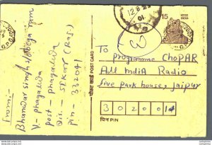 India Postal Stationery Tiger 15 to Jaipur