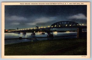 Peace Bridge At Night, Niagara River, Fort Erie Canada Buffalo NY Linen Postcard