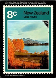 CONTINENTAL SIZE POSTCARD LAKE HAYES NEW ZEALAND 8c STAMP CARD 2 SERIES 1