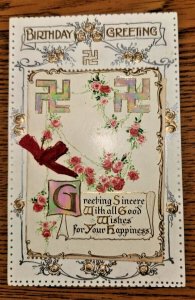 BB London Embossed Birthday Postcard B 531. Swastika, Mother of Pearl, Booklet