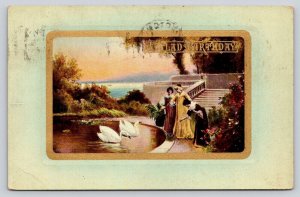 A Glad Birthday Wishes, Women at Garden Pond with Swans c1911 Postcard  P4