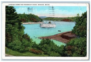 1940 Looking Down The Penobscot River Steamer Ship Bangor Maine ME Postcard