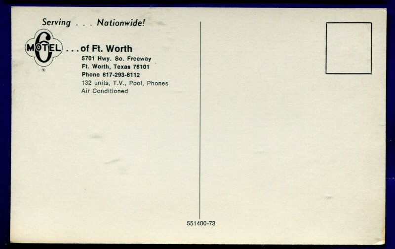 Fort Worth Texas tx Motel 6 located 5701 Highway South Freeway chrome postcard