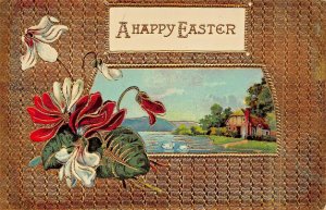 A HAPPY EASTER-BEAUTIFUL FLOWERS & GILT FRAME~1910s POSTCARD