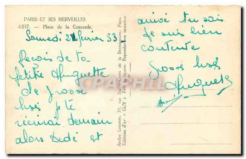 Old Postcard Paris and Wonders Place de la Concorde