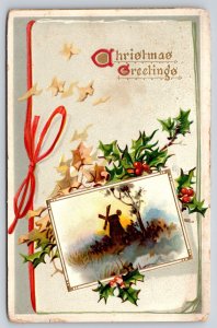 Tuck~Christmas Greetings~Windmill Scene W/ Holly~PM 1910~Emb~Vintage Postcard
