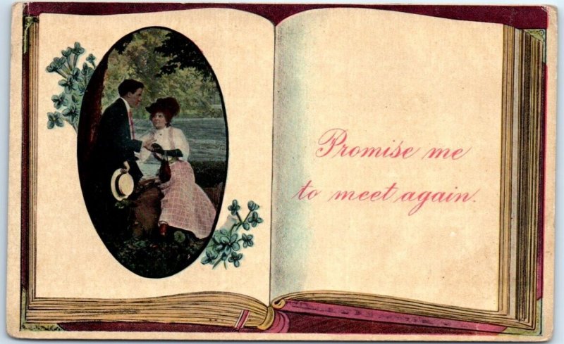 Postcard - Promise me to meet again. With Lovers Art Picture and Book Art Print