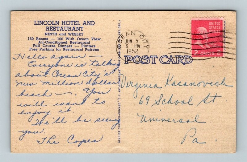 Postcard NJ Ocean City New Jersey Hotel Lincoln & Restaurant c1950s Z4