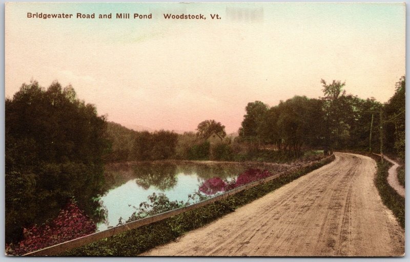 Bridgewater Road and Millpond Woodstock Vermont VT Hand Colored Postcard
