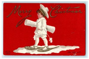 Merry Christmas Clapsaddle Boy Child in Snow Shoes Carrying Scroll Postcard 