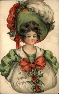 Christmas Fancy Pretty Little Girl Big Hat Ernest Nister #734 c1910 Postcard