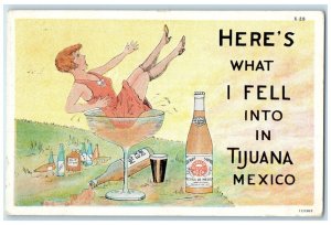 c1930's Woman Fell In Big Champagne Glass Mexicali Beer Tijuana Mexico Postcard