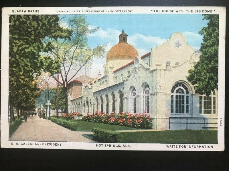 Vintage Postcard 1939 Quapaw Baths Hot Springs House with Big Dome Arkansas (AR)