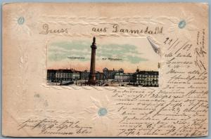 GRUSS AUS DARMSTADT GERMANY 1903 EMBOSSED UNDIVIDED ANTIQUE POSTCARD w/ STAMP