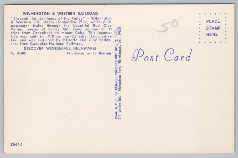 Transportation~Wilmington & Western Railroad Locomotive 92~Vintage Postcard 