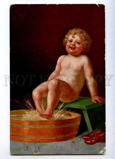 176896 NUDE Boy in Water Basin Vintage Colorful PC