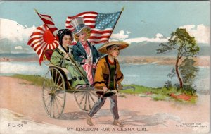 Patriotic My Kingdom for a Geisha Girl Boy Uncle Sam Japan USA Flags Postcard Y6