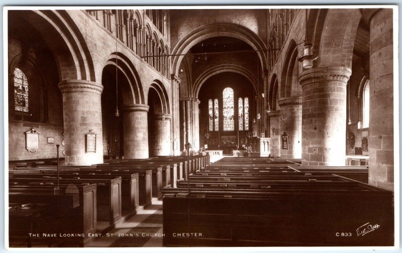 c1930s Chester, England RPPC St John's Church Nave East Interior Arches Pew A349