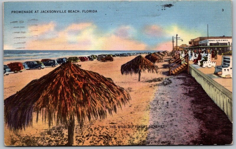 Jacksonville Beach Florida 1937 Postcard Promenade Cars Beach Sand Ocean